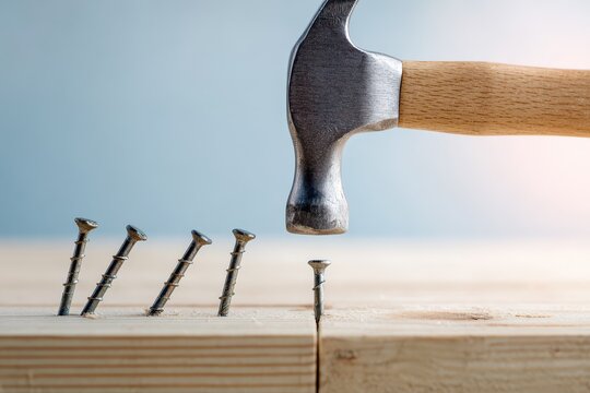 Hammer Hitting a Screw into a Wood Board, Concept of Using the Wrong Tool or Inefficiency