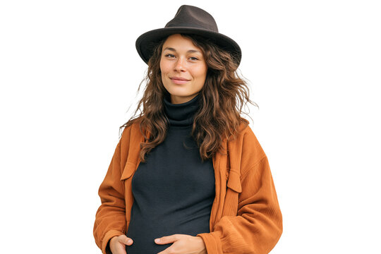 Portrait of a happy pregnant woman wearing a stylish hat and orange shirt isolated on transparent or white background, png