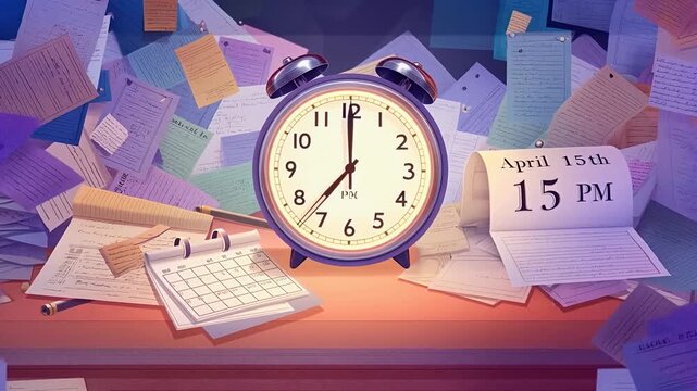 Tax Deadline Anxiety With Clock and Papers Illustration