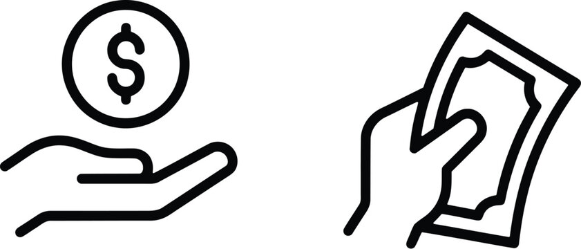 Financial transaction line icons with hand holding dollar coin and paper money for business and finance