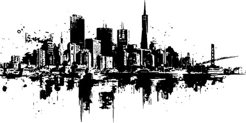 Obraz premium Abstract black and white city skyline silhouette reflection in water with grunge sketch texture background vector illustration.