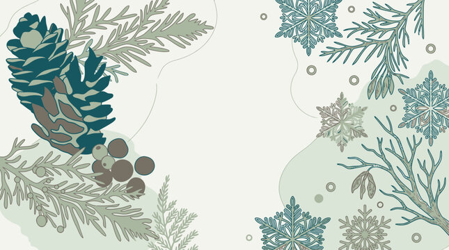 Elegante illustrazione invernale con rami di pino, pigne, bacche e fiocchi di neve stilizzati su sfondo chiaro, perfetta per biglietti d'auguri o design festivo.