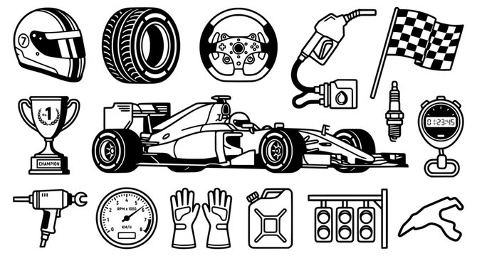 Formula Racing Vector Icons Collection &ndash; Clean Motorsport SVG Illustration Set for Racing Design