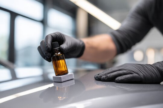 Professional detailer applying ceramic coating on a car hood from a small amber bottle.