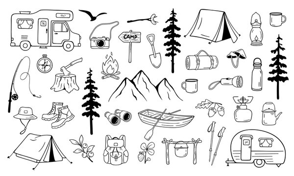 Hand drawn camping collection with tents, camper trailers, backpack, campfire, mountains and outdoor gear. Adventure and travel elements isolated in outline style.