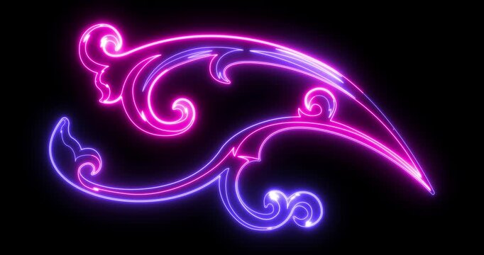 Neon Floral Swirl Ornament Animation Glowing Decorative Vintage Scroll Design on Black Background Loop 4k.