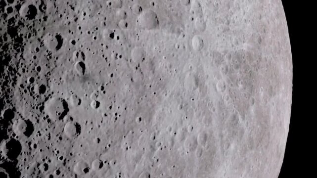 Close up rotating view of cratered lunar surface in monochrome high contrast texture
