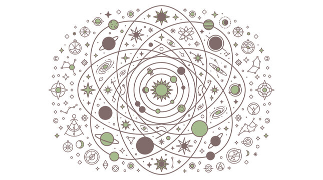 Un'illustrazione dettagliata e stilizzata che rappresenta il sistema solare, orbite planetarie e simboli scientifici, con elementi dell'atomo e costellazioni su sfondo bianco.