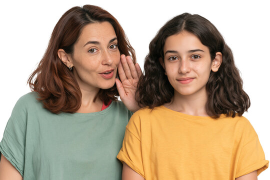 Portrait of a mother whispering a secret to her daughter isolated on transparent or white background, png