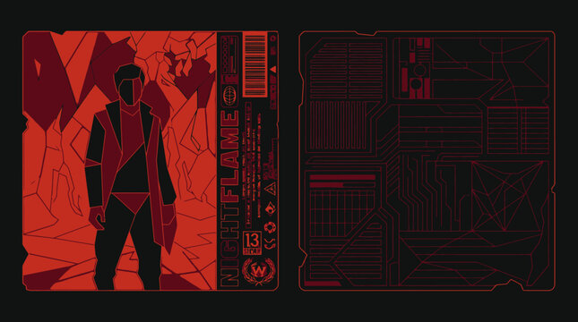 Illustrazione digitale futuristica di un uomo stilizzato in rosso e nero, con sfondo astratto e frammentato, ideale per copertine di album o design moderno.