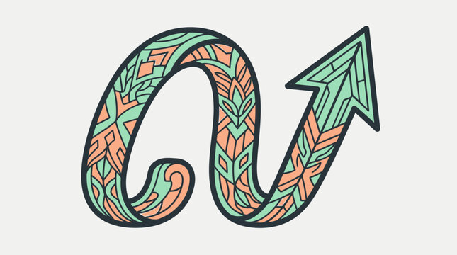Illustrazione vettoriale di una freccia decorativa con un design intricato e motivi geometrici in tonalit&agrave; di verde menta e arancione, che punta verso l'alto su uno sfondo neutro.