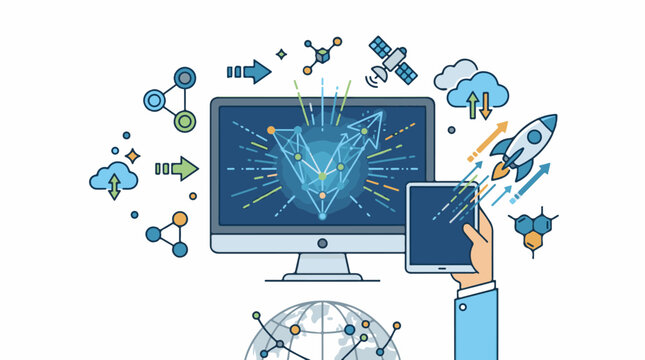 Digital network data flow cloud satellite and rocket launch