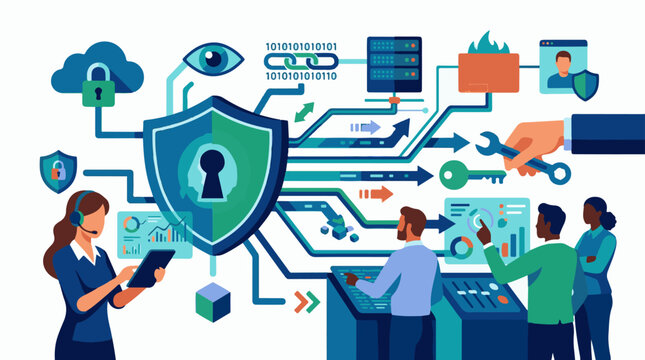 Digital security concept with shield cloud servers people and data