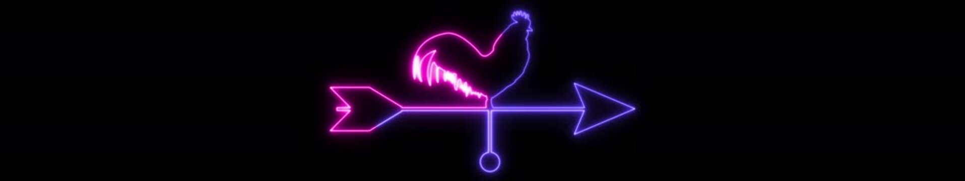 Ultrawide Neon Rooster Weather Vane Animation Glowing Wind Direction Symbol Wide Banner Background Loop