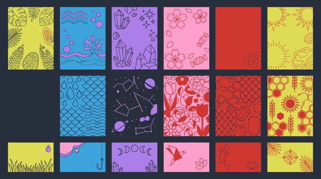 Set di sfondi colorati con motivi geometrici e icone lineari in stile moderno, ideali per design di cancelleria, copertine di quaderni, social media e progetti creativi grafici.