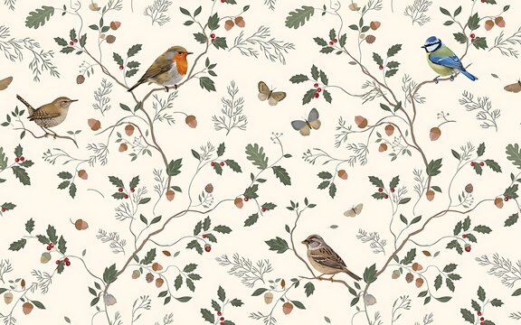 Seamless pattern with birds, butterflies, and oak branches on cream background