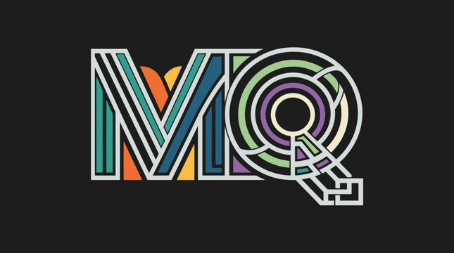 Nowoczesny projekt typograficzny z literami MQ wykonanymi w stylu geometrycznego labiryntu z kolorowymi liniami na ciemnym tle, idealny do cel&oacute;w brandingowych i graficznych.