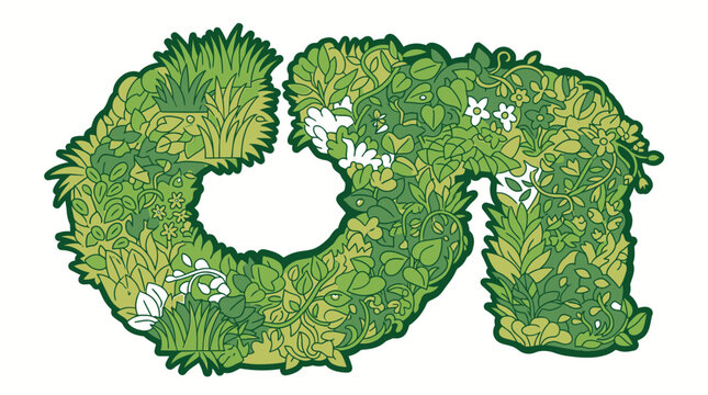 Lettera minuscola o stilizzata composta da un lussureggiante giardino verticale con foglie verdi, erba e piccoli fiori bianchi su sfondo bianco isolato, design ecologico creativo.