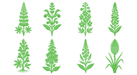 Botanical green flower silhouettes, set of 8 floral plant icons in EPS format, minimalist garden herb and wildflower illustrations for branding © Graphic Seller