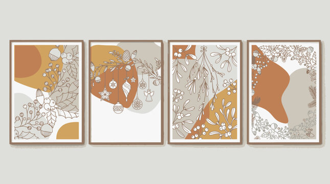 Set di quattro stampe artistiche da parete con illustrazioni natalizie astratte in stile minimalista, caratterizzate da forme organiche color ocra e motivi floreali lineari su sfondo neutro.