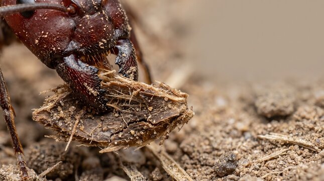 Creative Close-up of ant carrying dirt, insect wildlife, macro photography, natural behavior 2k