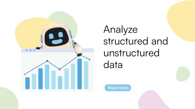 Cute AI robot with analytics dashboard vector illustration for data analysis website and application interface