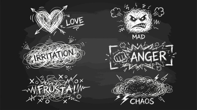 Abstract White Chalk Scribble Doodle Collection with Handwritten Love Mad Elements and Artistic Messy Pencil Strokes for Graphic Design Poster and Social Media Ornament Set