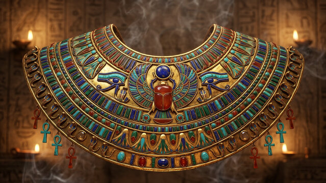 Luxury ancient Egyptian jewelry collar with pharaoh symbols, ankh crosses and lapis lazuli in tomb, Magnificent golden Egyptian pharaoh necklace decorated with precious
