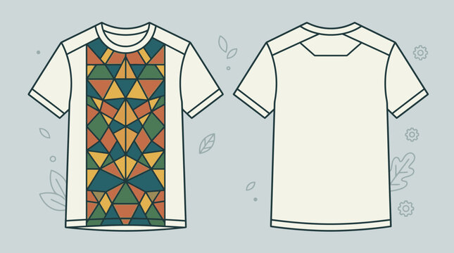 前面に幾何学模様のパネルをあしらった半袖Tシャツのフラットなデザインテンプレートで、前面と背面の図面がセットになったファッションアパレル用のベクターイラストレーションです。