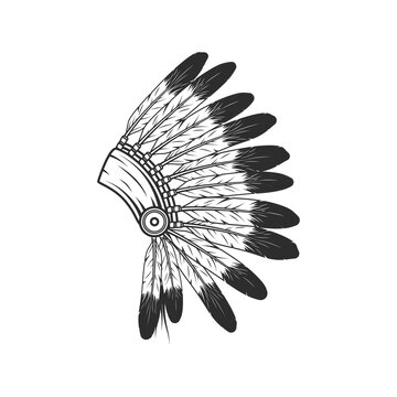 Native american indian chief headdress isolated mohawk monochrome icon. Vector ethnic indian traditional costume, head decoration of feathers, tribal culture hat. Aboriginal chieftain headband