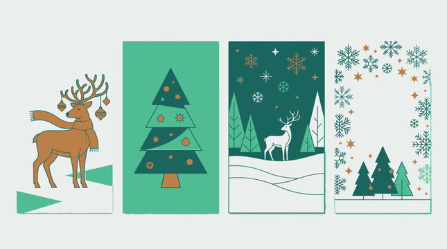 クリスマスをテーマにしたフラットデザインのベクターイラストセットで、トナカイ、クリスマスツリー、雪の結晶、冬の風景が描かれた縦型のカードデザインテンプレートです。