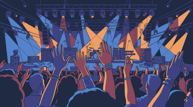Ilustracja przedstawiająca tłum ludzi na koncercie muzycznym z podniesionymi rękami, oświetlony kolorowymi reflektorami scenicznymi na tle aparatury nagłośnieniowej i instrument&oacute;w.