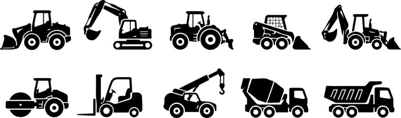 Construction machinery icon set. Black silhouette collection of construction vehicles including excavators, bulldozers, cranes, dump trucks and heavy equipment isolated on white background. Vector ill © Shafiavect