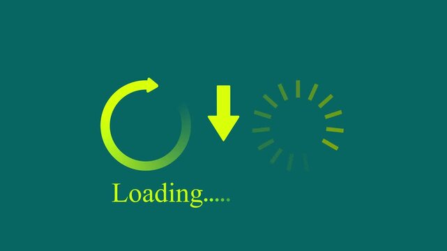 Yellow  Downloading 0to 100% progress animation with arrow, loading wheel spinners and percentage counter on blue background.