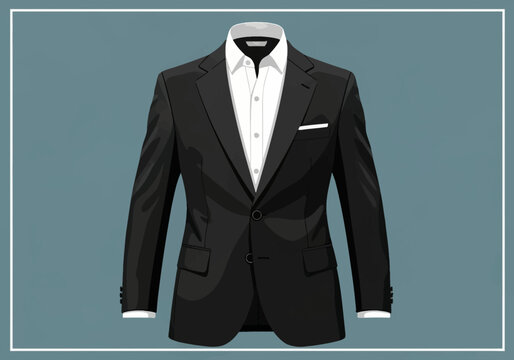 Formal men's black suit jacket illustration featuring a white collared dress shirt and pocket square, two-button blazer design, notched lapel, professional attire vector on gray.