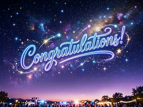 Bright congratulations text with sparkling stars and cosmic galaxy background for celebration events