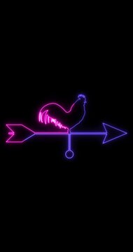 Vertical Neon Rooster Weather Vane Animation Glowing Wind Direction Symbol on Dark Background 4k.