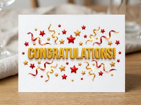Bright and colorful congratulations card with stars and ribbons on white background