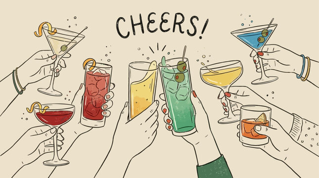 Vector illustration of diverse human hands raised in celebratory toast holding various colorful alcoholic and non-alcoholic cocktail glasses for festive party or holiday social gathering event.