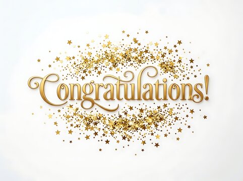 Golden congratulations text with sparkling stars and confetti celebration design isolated on transparent background