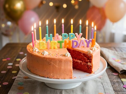 Delicious colorful birthday cake with lit candles and happy birthday letters on display table