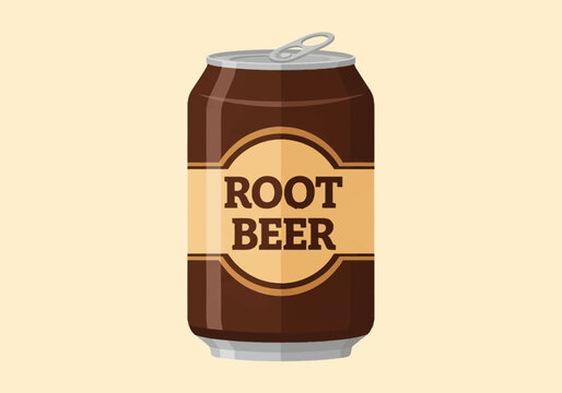 Flat vector illustration of a brown root beer soda can with a vintage-style tan label, bold block lettering, metallic silver pull tab, and minimalist shading on a plain background.