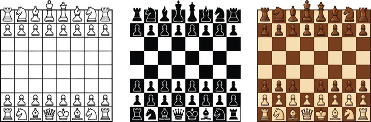Collection of chess board and pieces illustrations featuring outline black and white and wood grain styles for strategic game concepts © Ali