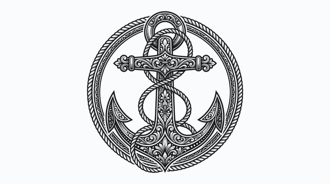 Intricate vintage style anchor illustration with ornate decorative rope details on a white background.