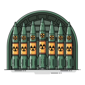 Vector illustration of a row of seven nuclear missiles with radiation symbols positioned inside a military hangar silo on a white background, isolated flat design style.