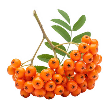 Bunch of fresh bright orange rowan berries with green leaves isolated on transparent background