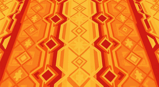 Seamless geometric carpet pattern with orange, yellow, and red diamond shapes, vintage 1970s style textile design, abstract zigzag lines and floral accents on textured floor.