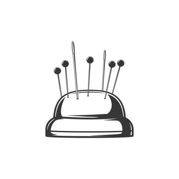 Cushion with pins isolated tailoring, sewing monochrome icon. Vector embroidery and haberdashery tool, pin-cushion. Tailor needles and pinheads in round pillow, handmade and handicraft equipment