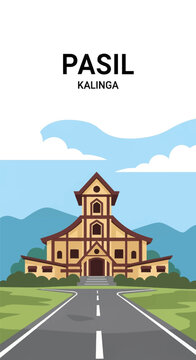 Vector illustration of a landmark building in Pasil, Kalinga, Philippines, featuring a multi-story structure with gabled roofs, a paved road, green hills, and blue mountains.