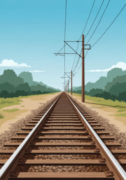 Vector illustration of straight railroad tracks with wooden sleepers, gravel ballast, overhead catenary lines on poles, green tree landscape, and blue sky under perspective view.